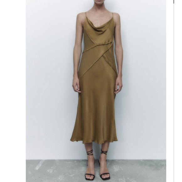 NWT ZARA SATIN LINGERIE STYLE DRESS DARK KHAKI - Picture 2 of 8
